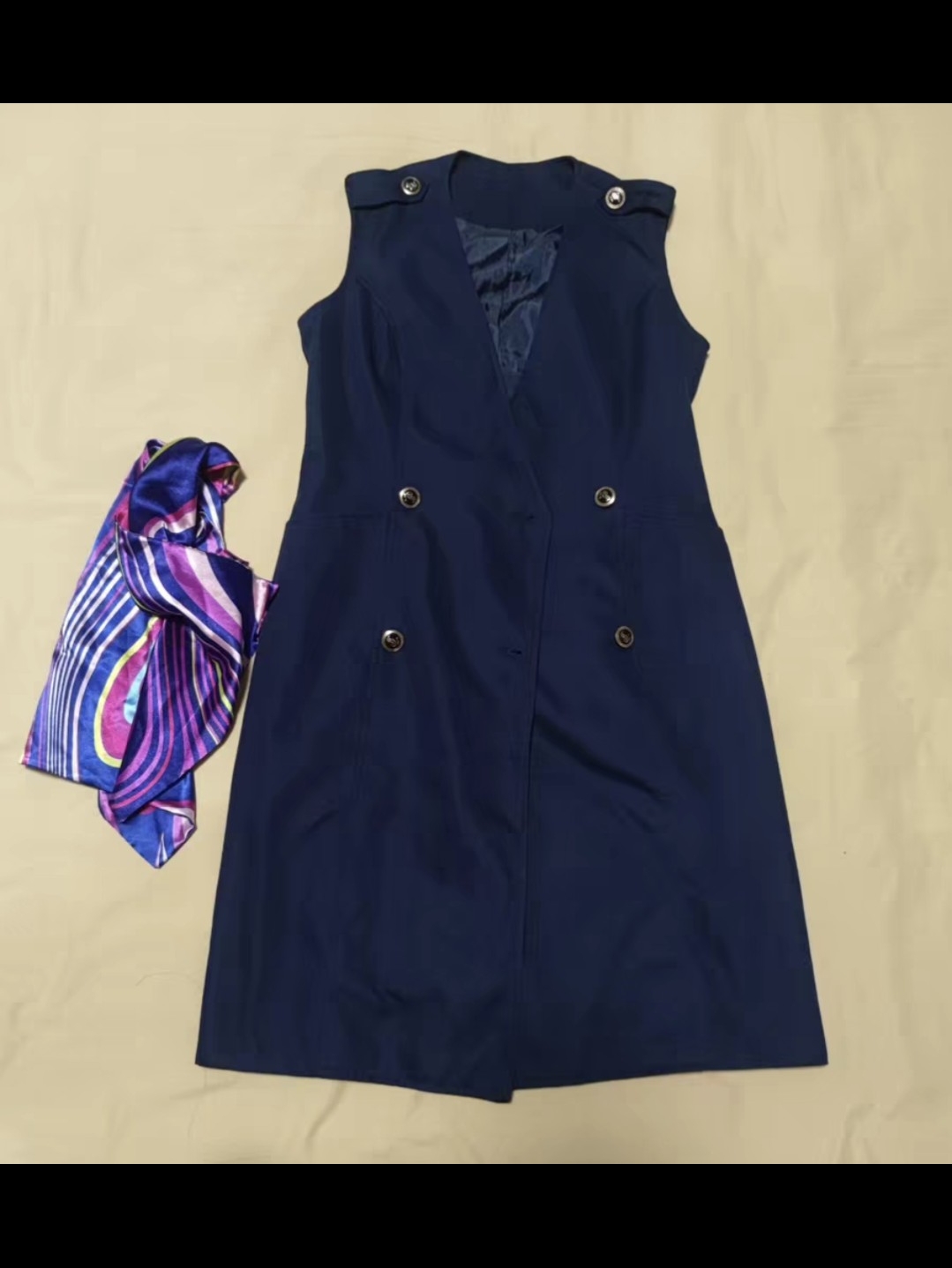 Navy Double-Breasted Sleeveless Dress